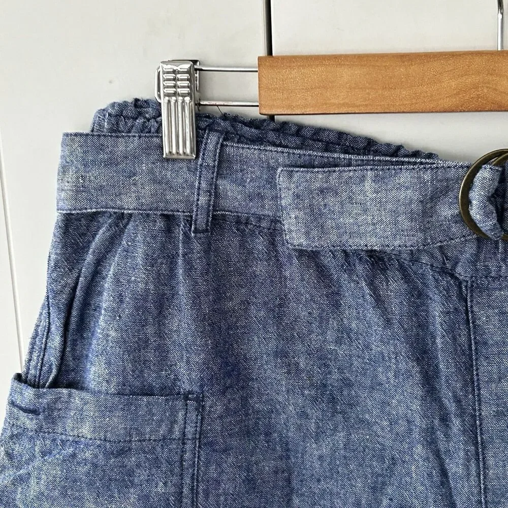 Anthropologie Hei Hei Shorts Size Medium Linen Cotton Blue Belted Pockets